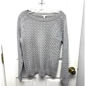 Talbots Sweater Gray Metallic Pullover Silver Cable Knit Wide Neck, Size M